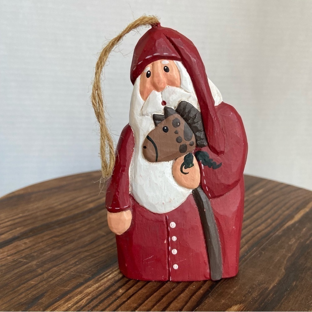 Santa Clause Ornament Holding Toy Horse Long Hat Wood Ornament Signed 1994
